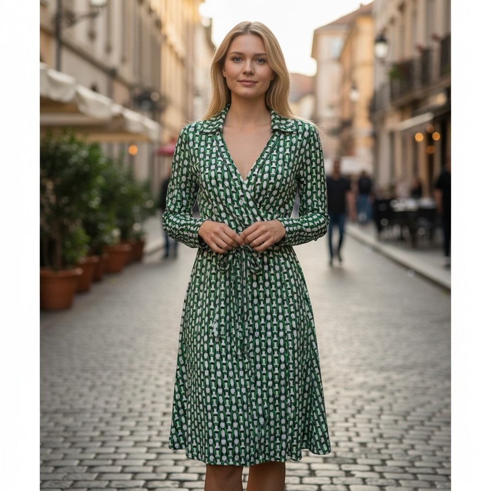 Diane von Furstenberg Jeanne Green Silk Geometric Chain Link Print Wrap Dress 0